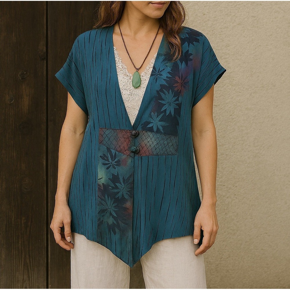 Joyce Fogal Silk Blouse Tunic Oversized S Boho City Chic Summer Botanical Luxury